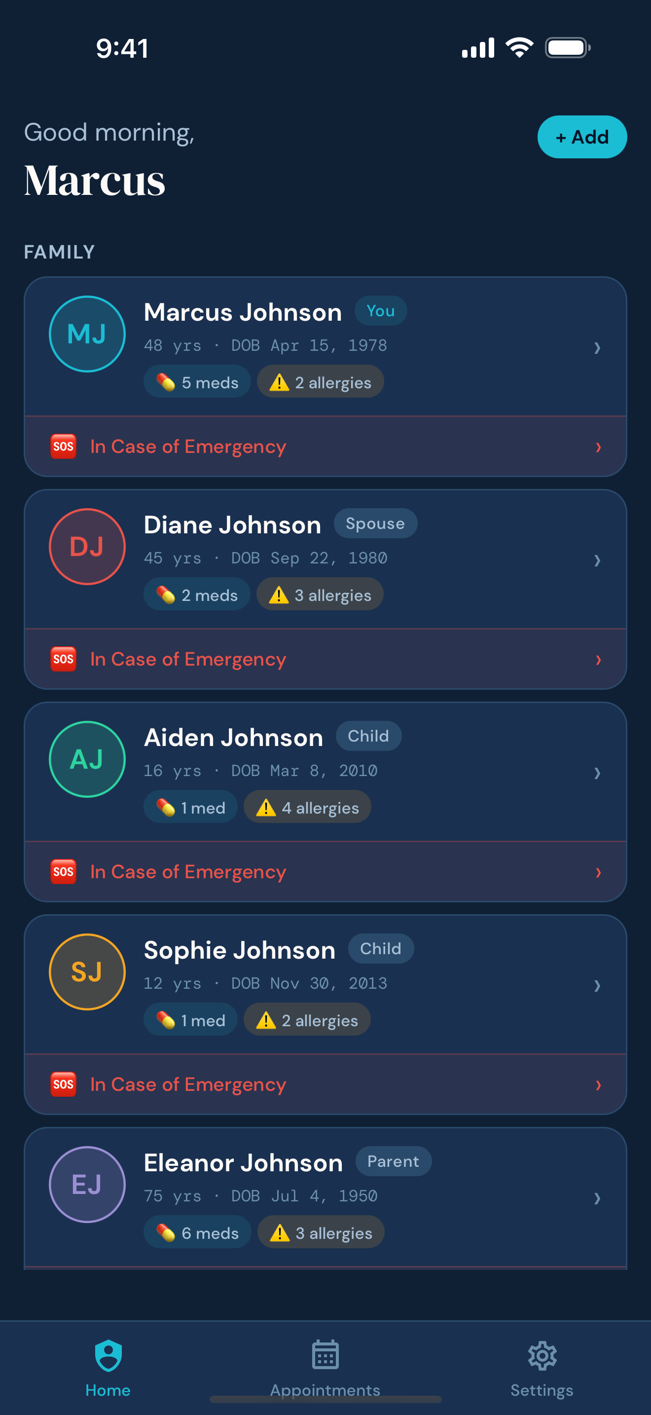 Guardian Chart home screen showing five family members with medication and allergy counts