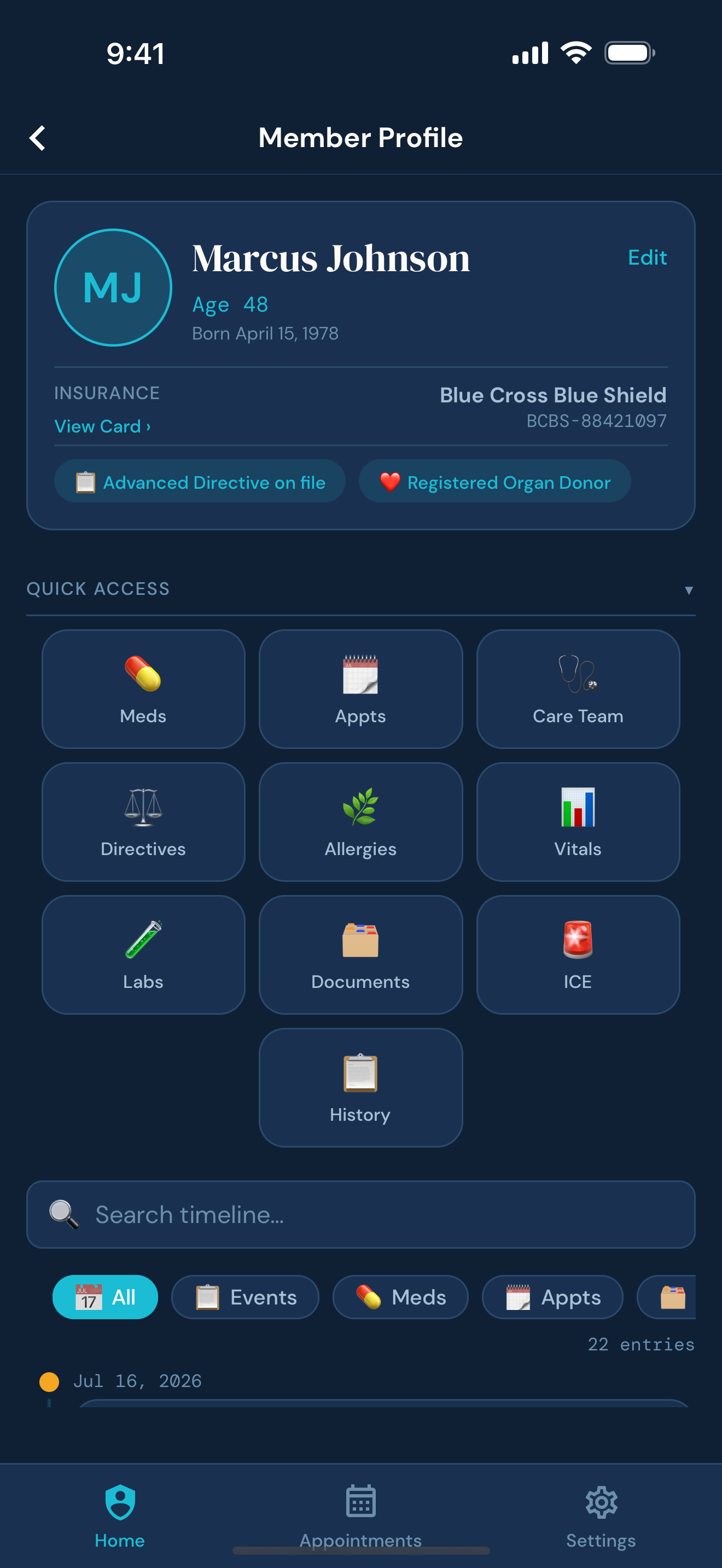 Member profile with quick access to meds, care team, allergies, vitals, labs, documents, ICE and history