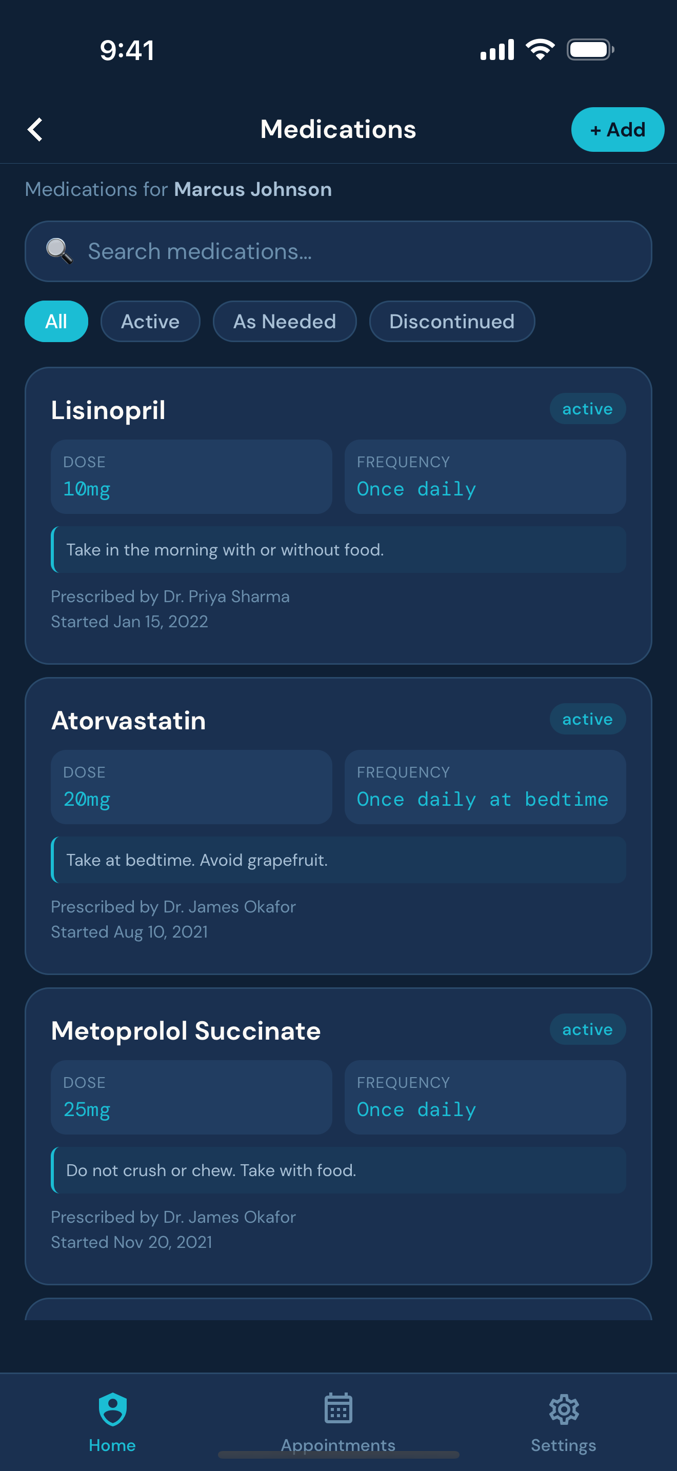 Medications list showing dosages, frequency and prescribing doctor