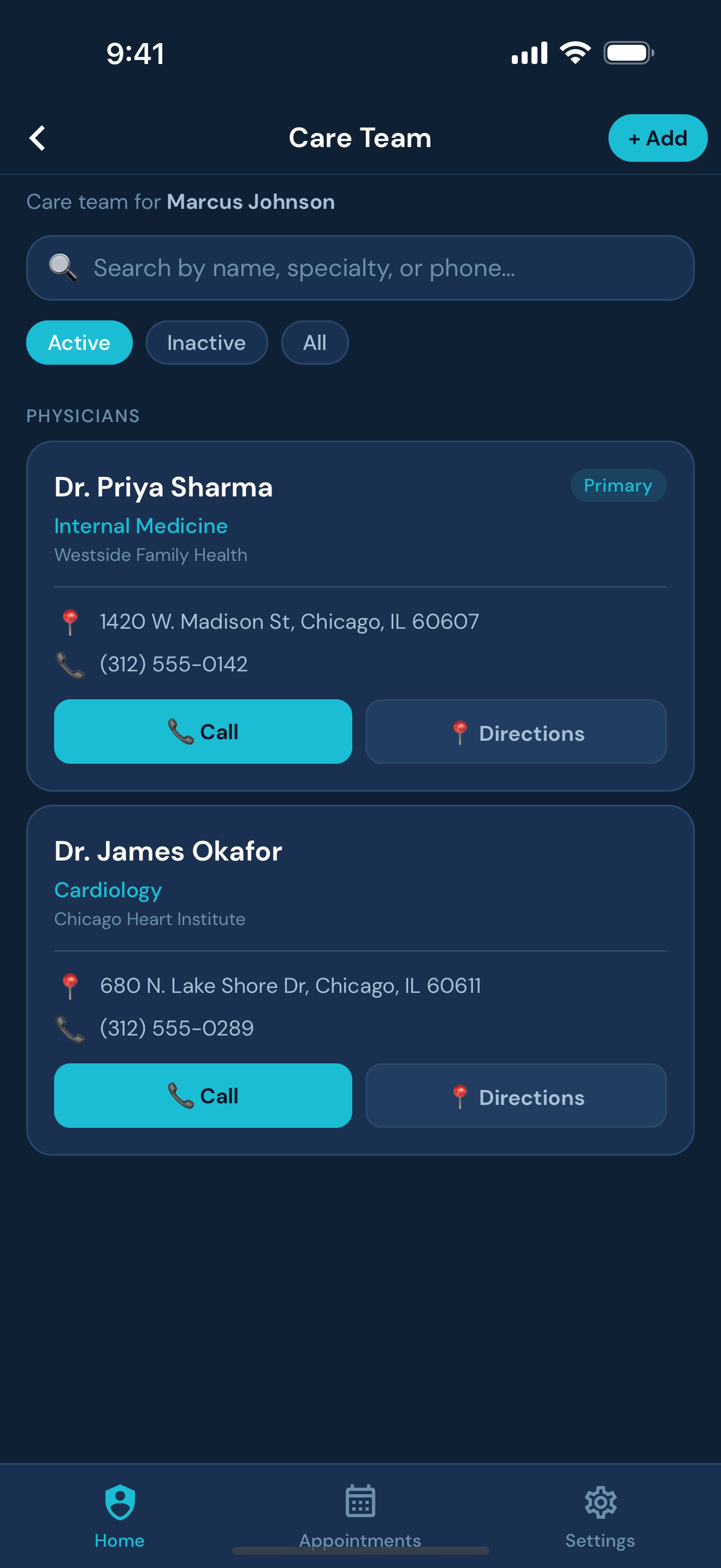 Care team list of physicians and specialists with contact details