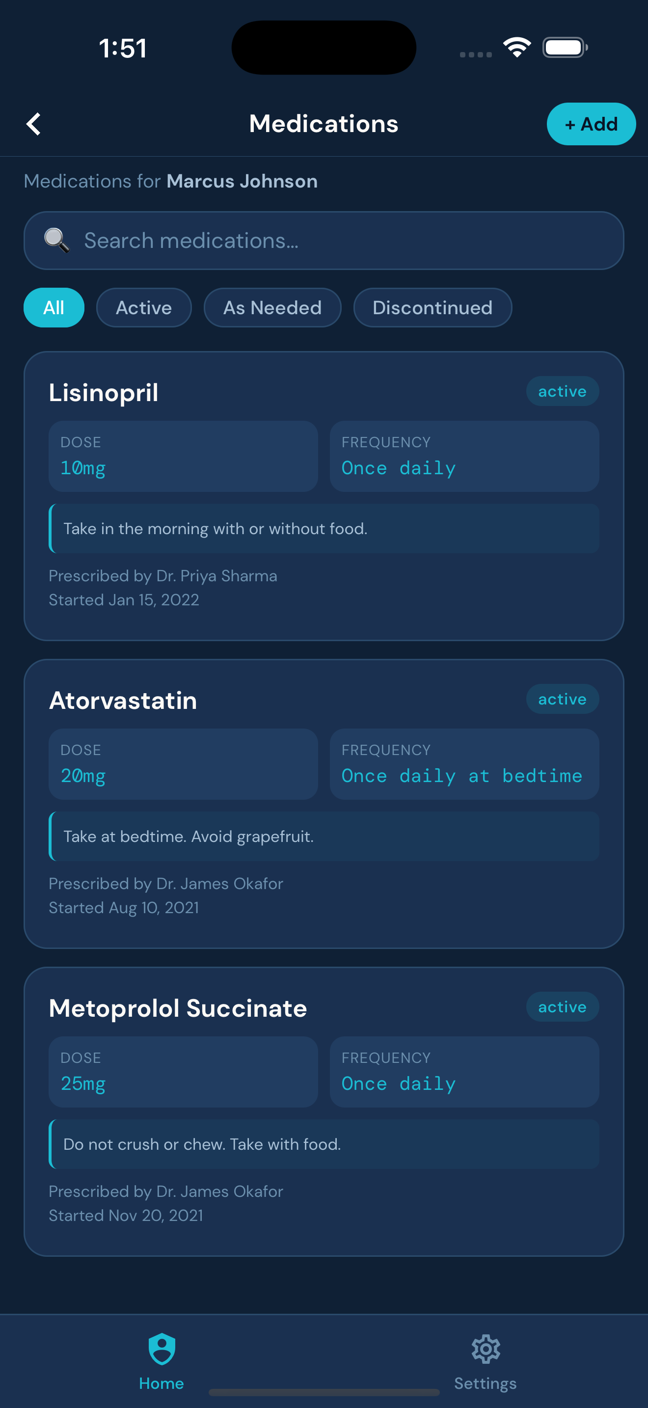 Medications list showing dosages, frequency and prescribing doctor