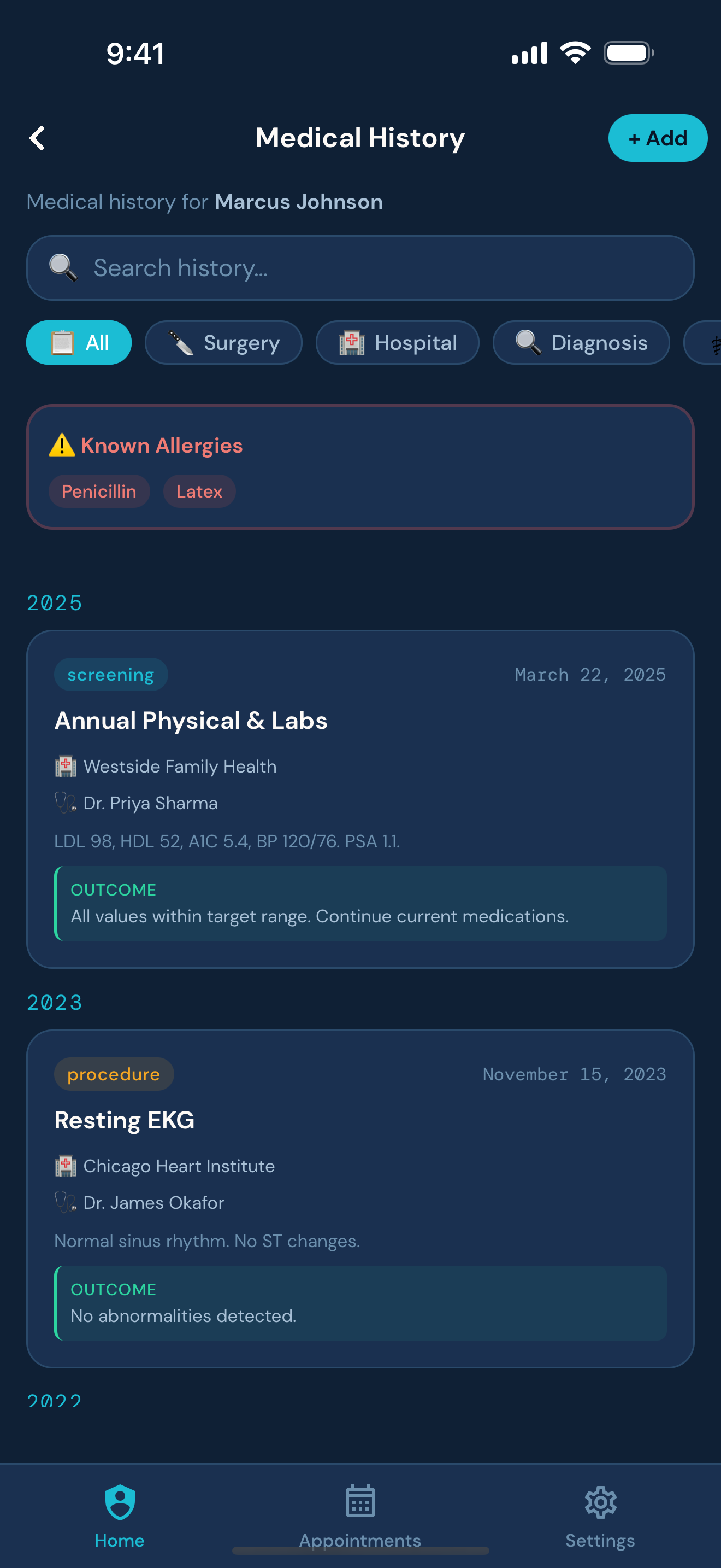 Searchable timeline of every event, medication change and document for a family member