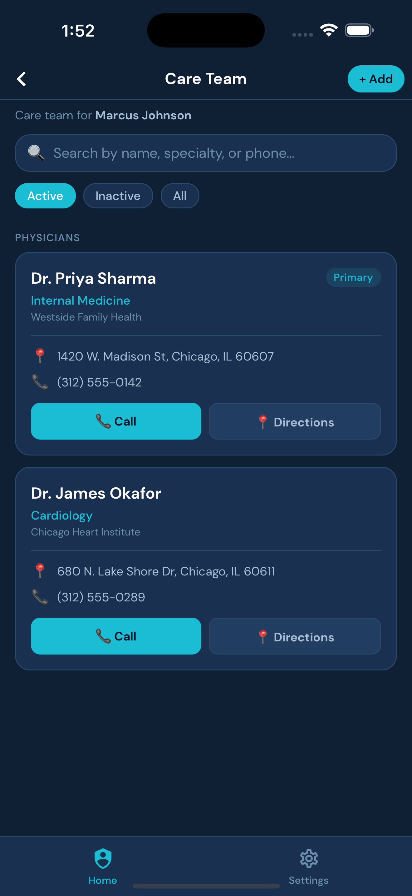 Care team list of physicians and specialists with contact details