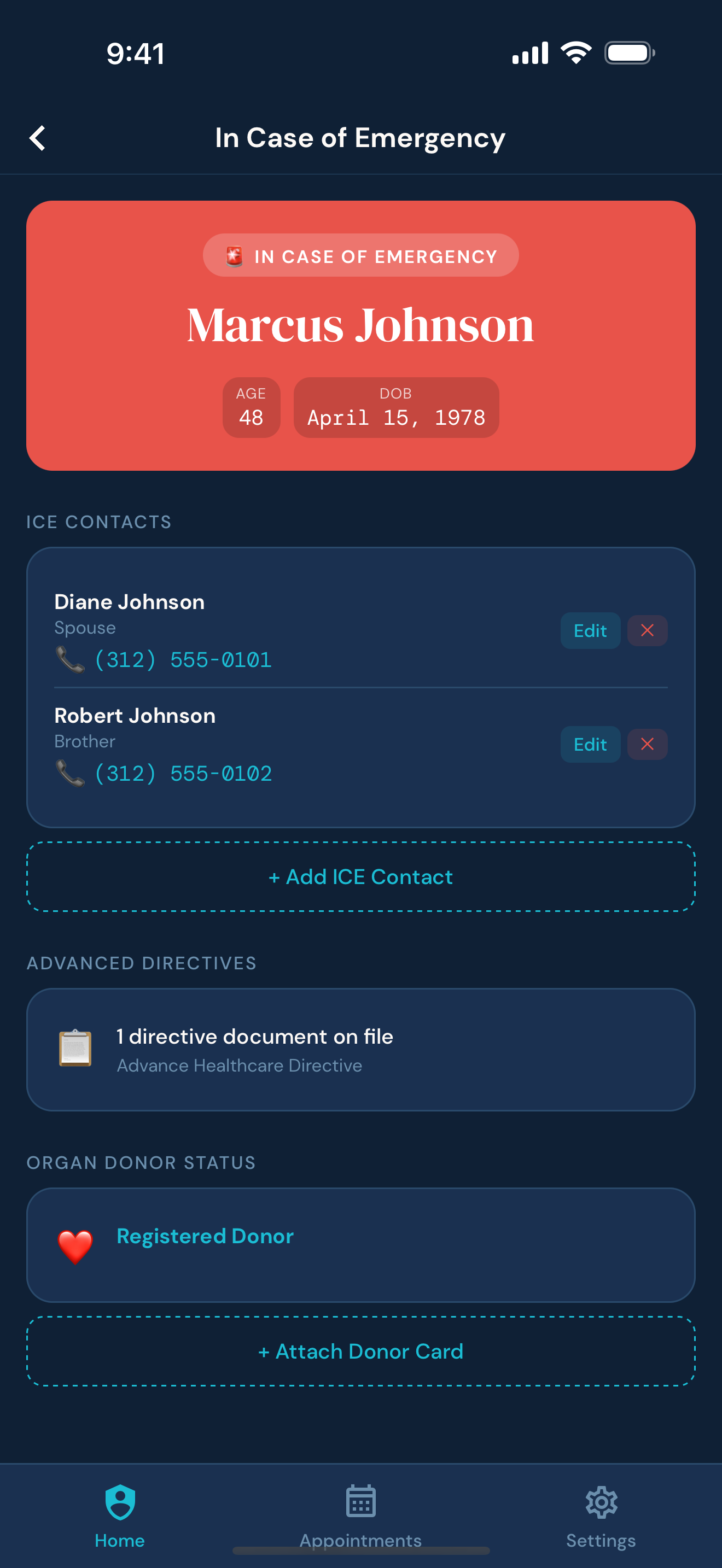 In Case of Emergency screen with critical medical info for first responders