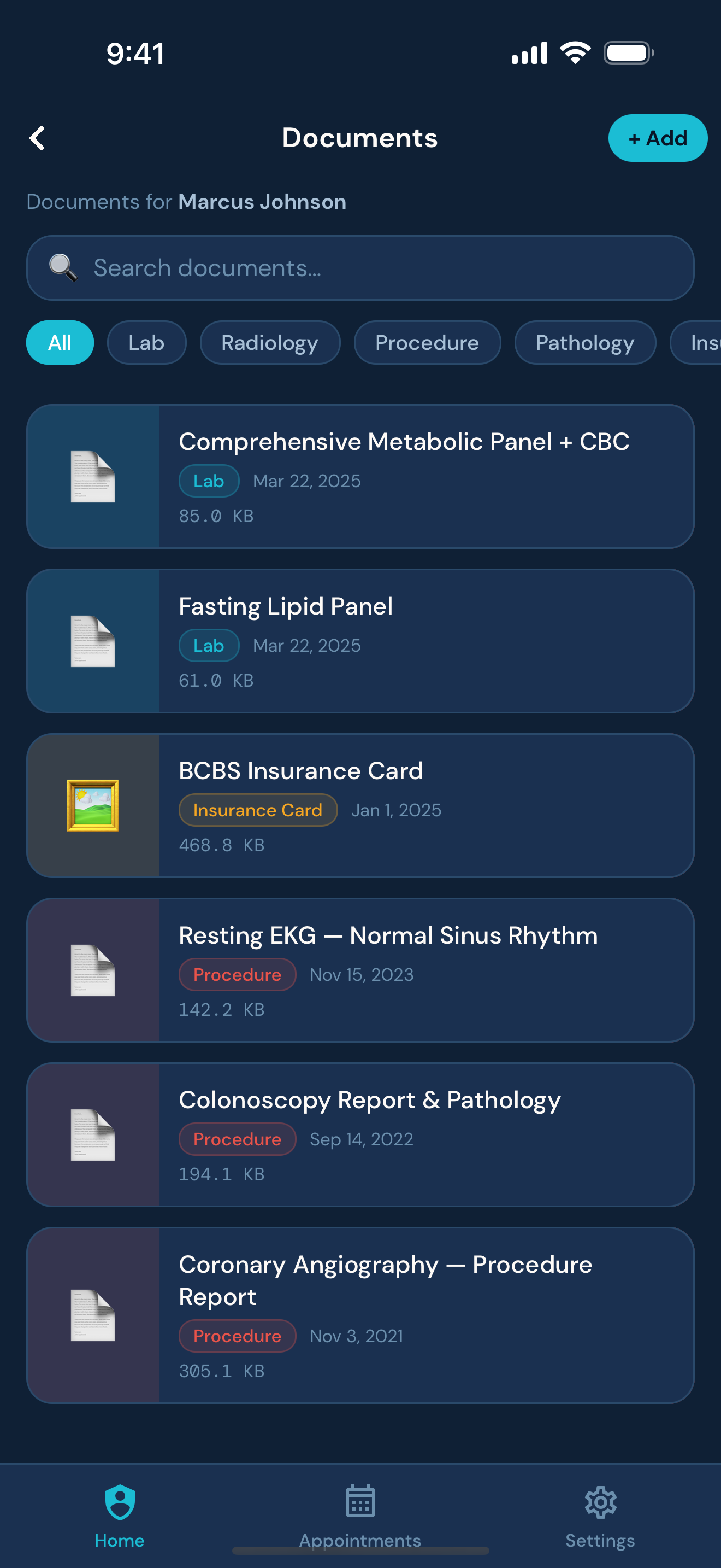 Documents list including insurance cards, scanned records and immunizations