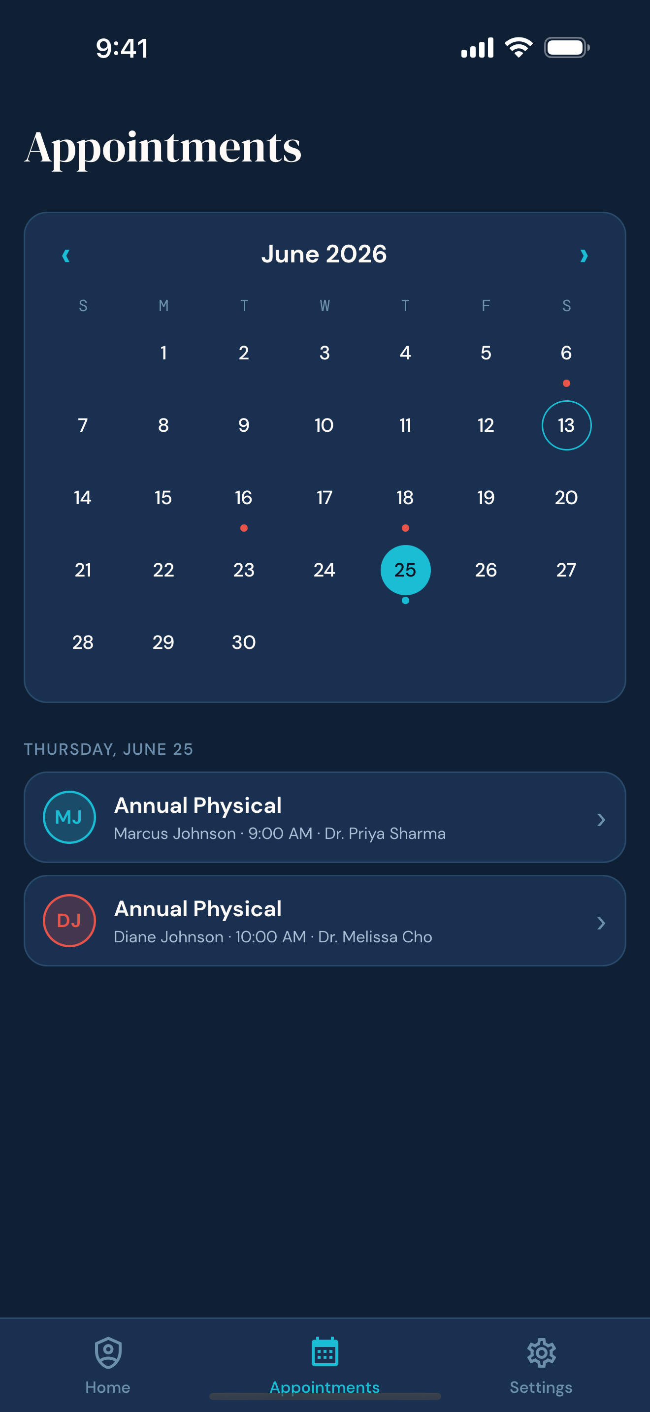 Upcoming appointments list with dates and providers