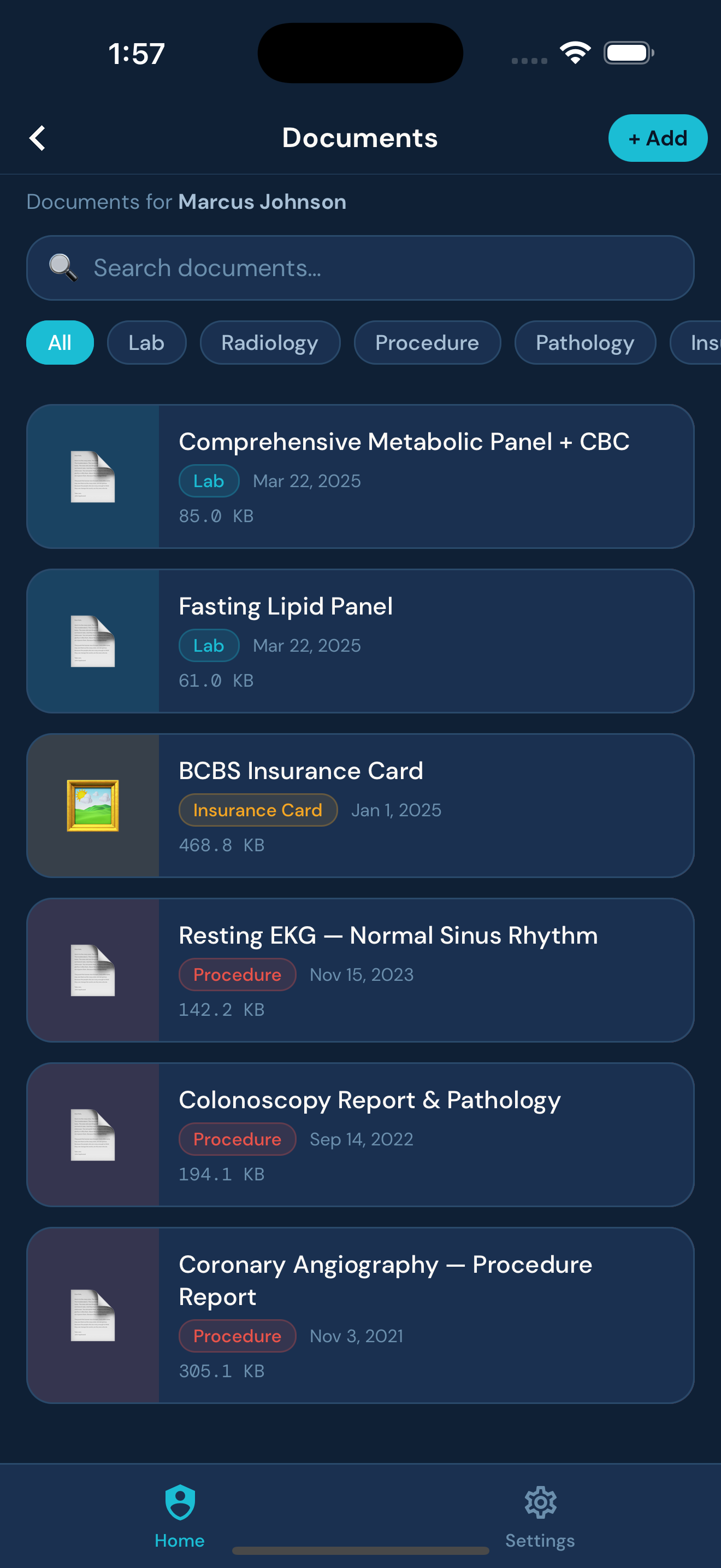 Documents list including insurance cards, scanned records and immunizations