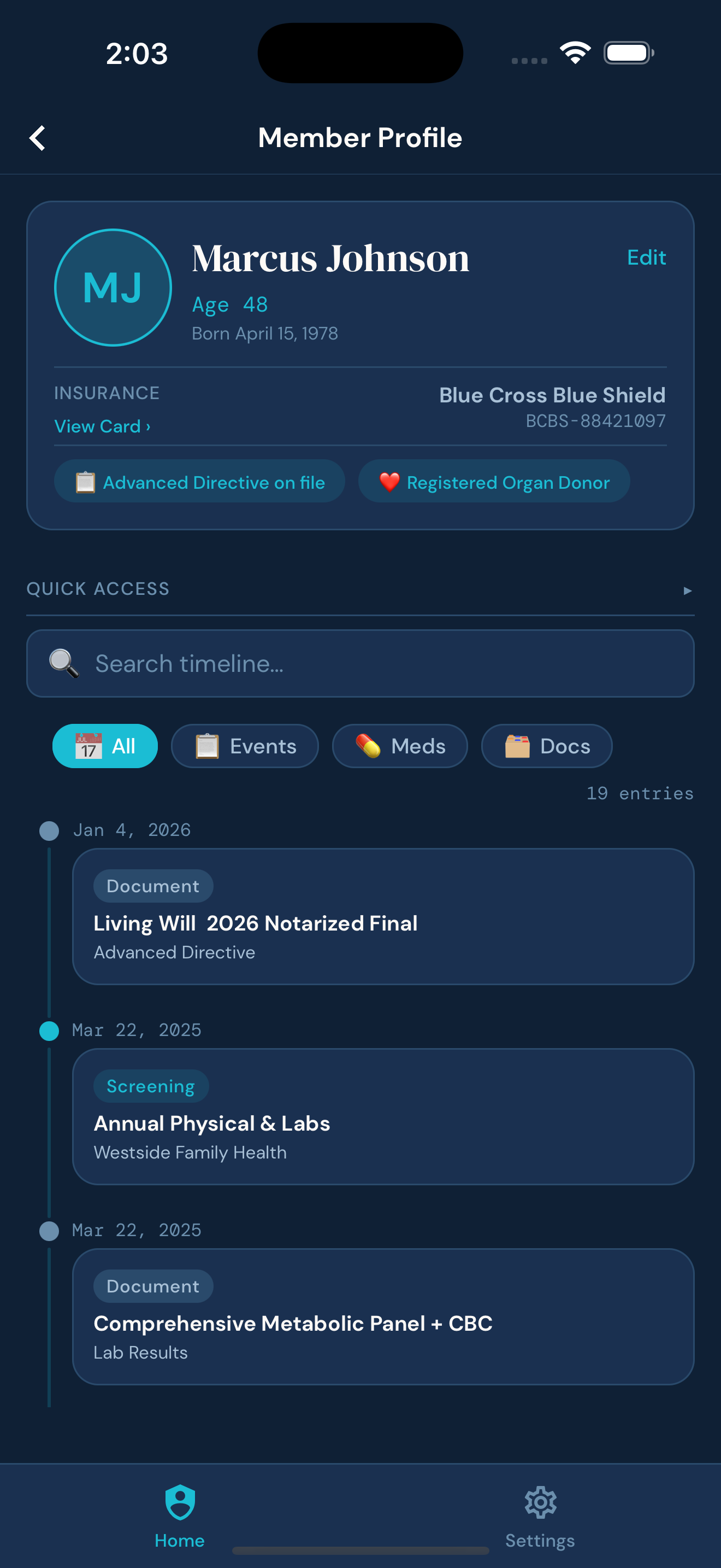 Searchable timeline of every event, medication change and document for a family member