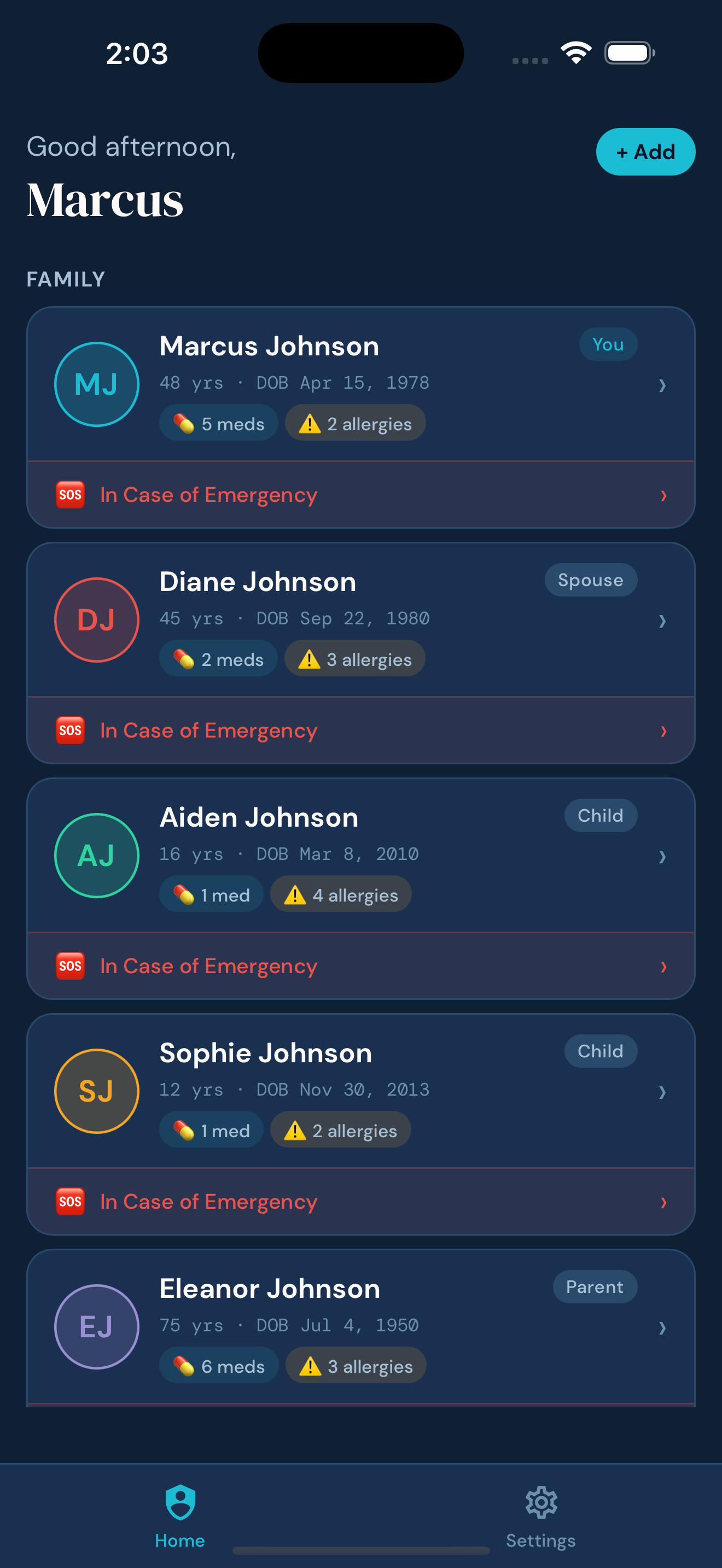 Guardian Chart home screen showing five family members with medication and allergy counts
